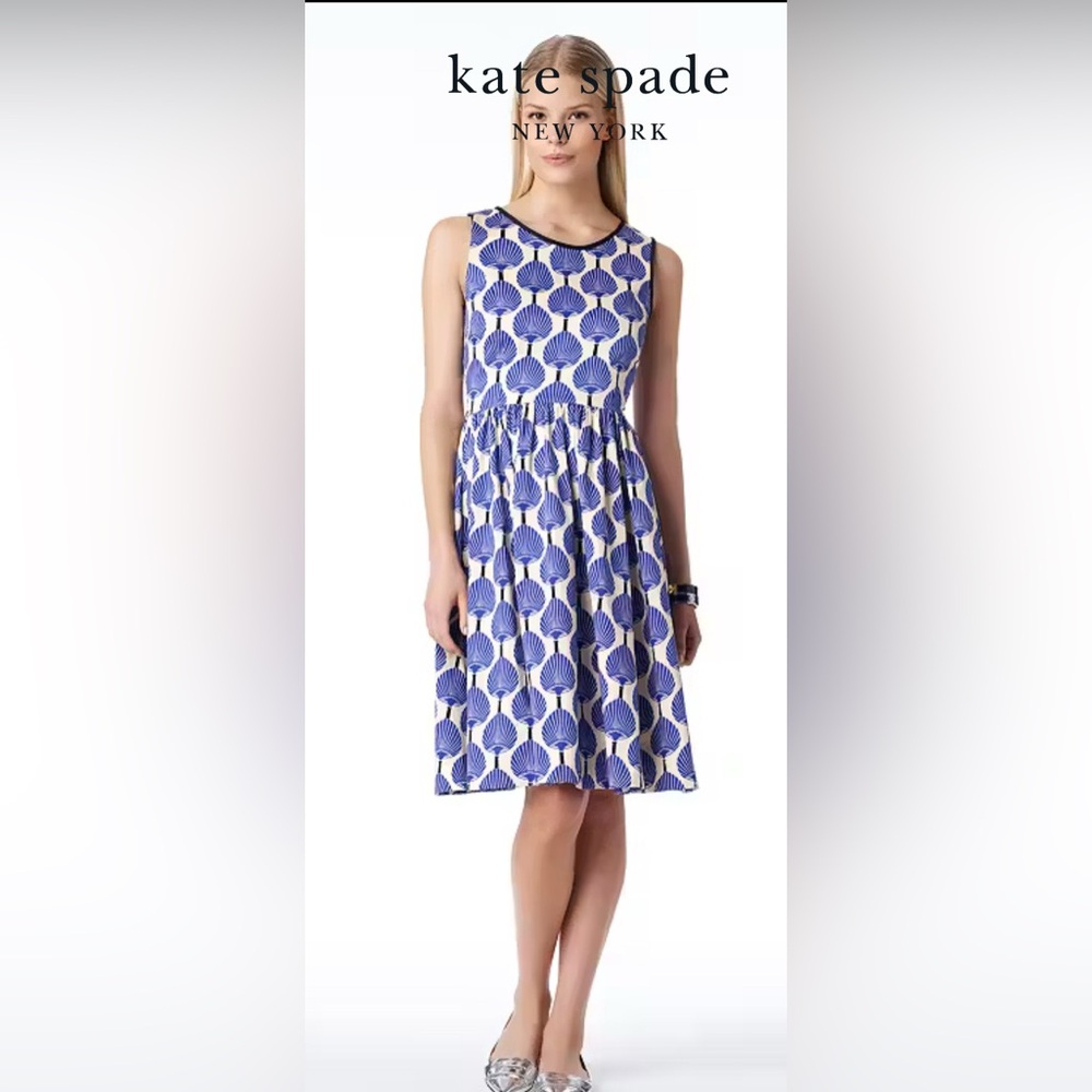 Kate Spade Blue Fan Patterned Fit and Flare Dress